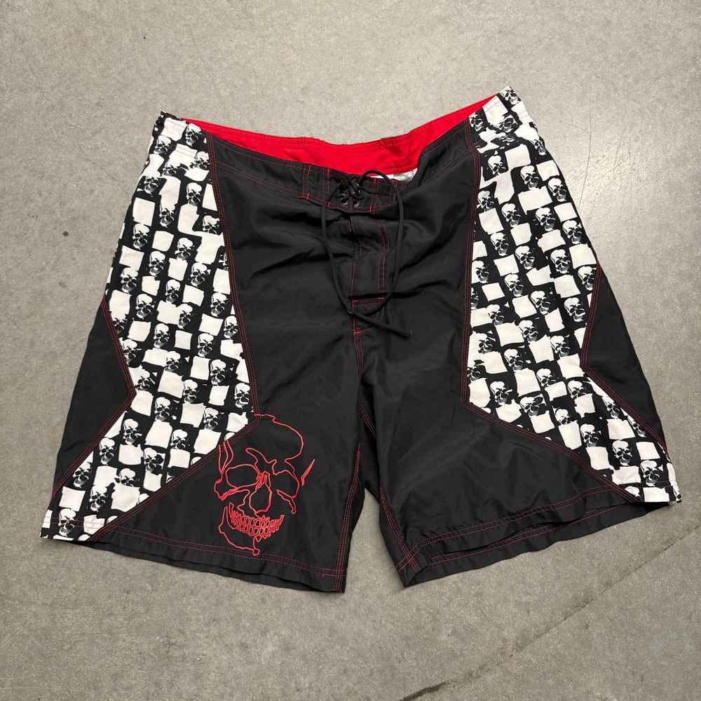 No Boundaries Mens Skull Board Shorts Black Red Checkered Swim Trunks Size 44